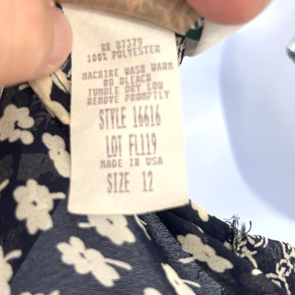 Vintage Fritz & Lloyd Floral Patchwork Blouse Navy Beige Short Slv Ruffle Front - Picture 5 of 5